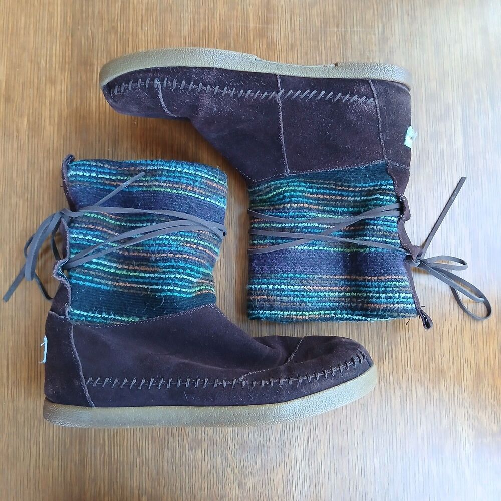 TOMS Nepal Mid Calf Suede Knit Boho Boots Fur Lined Size 7.5